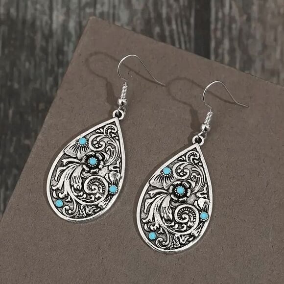Boho Western Filigree Flower Teardrop Turquoise Dangle Earrings - Picture 2 of 4